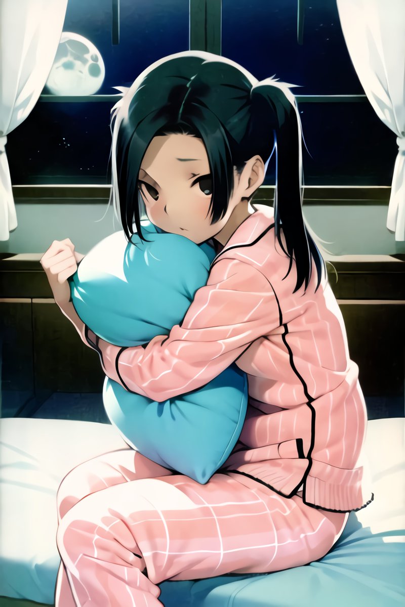 ほら、ツインテールにして枕抱いて。 「うんー」 眠いと素直になるなこの子は。何でもしてくれそうだ！（※目が…