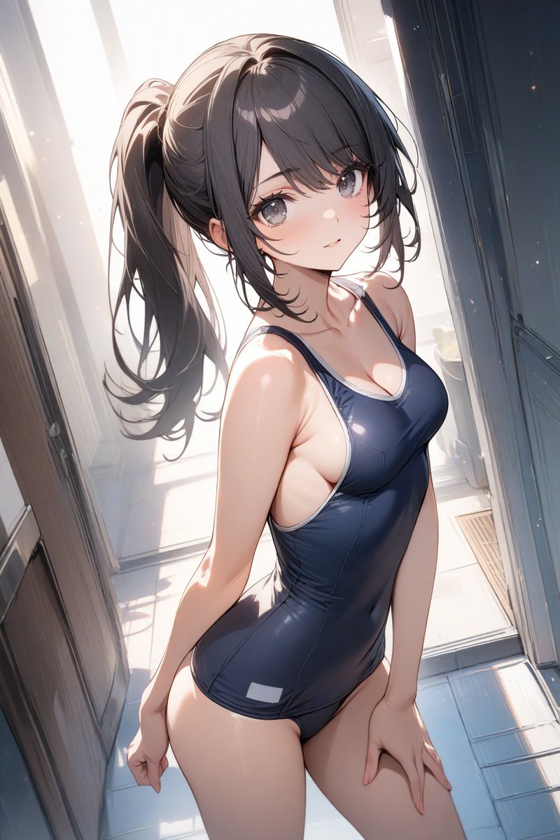 「cleavage,sideboob」みたいなプロンプトいれないと、AI氏もこんな感じのスクール水着出して…