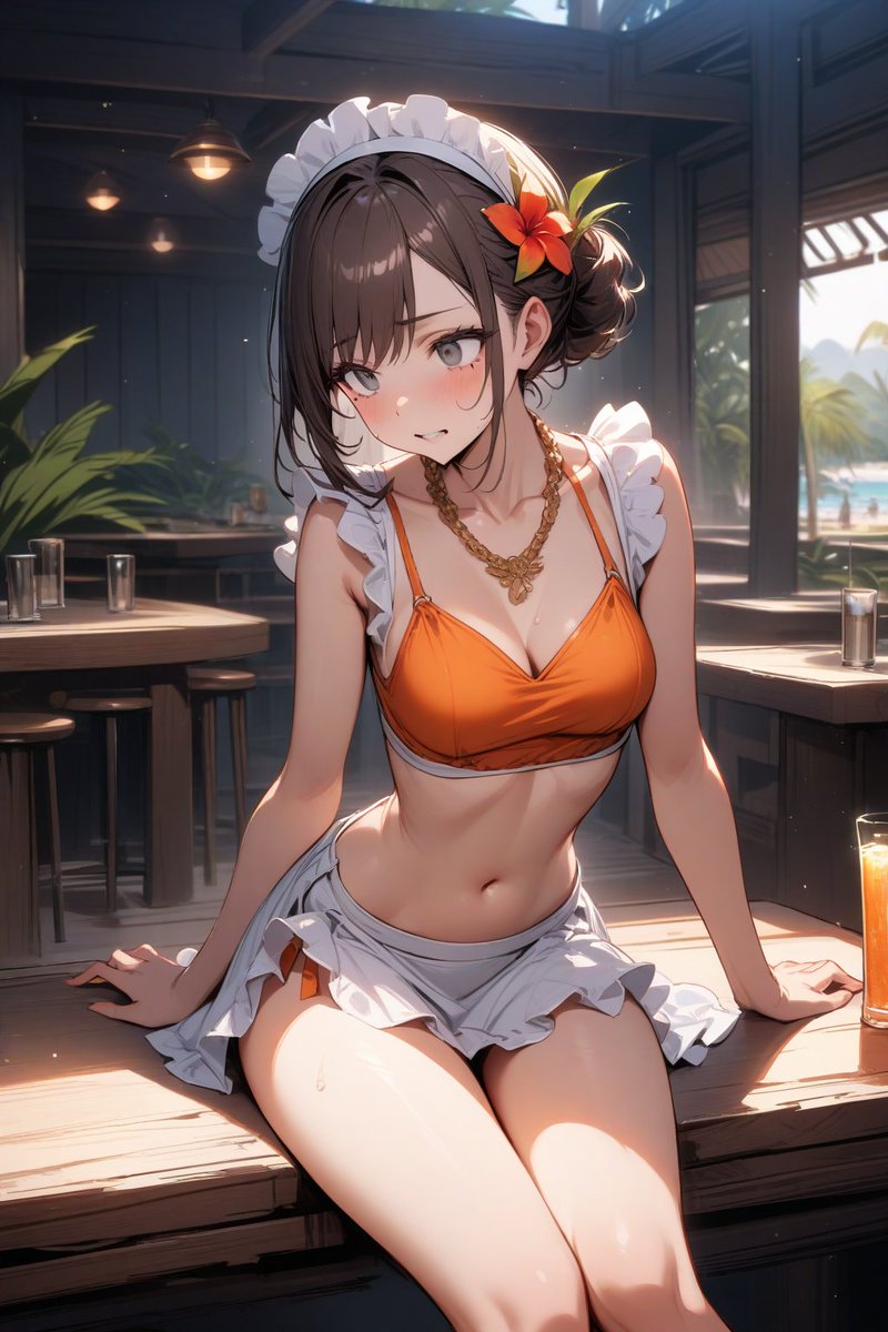 空が暗くなってきて心配そうな海の家の店員さん。 大型の台風が近づいてきてるらしいよ。ビーチ閉鎖されてもおか…