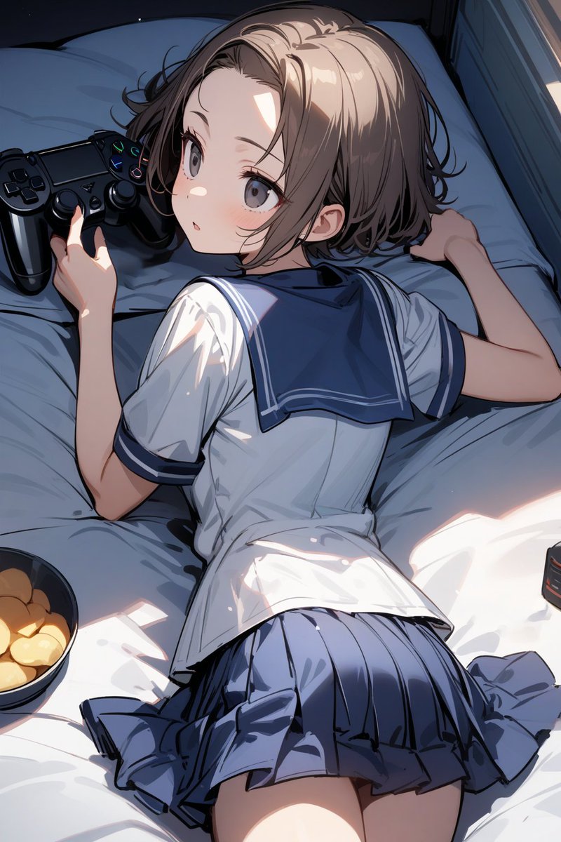 ひとの部屋でくつろぐのはいいけど、ポテチをベッドの上で食べるのはやめるんだ……やめてクレメンス。 きょとん…