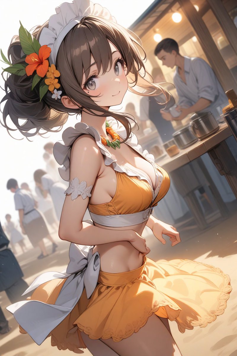 夏にわりと出してた海の家デキシーズの店員さん。オレンジテーマの水着にメイド服と南国風花飾りを混ぜました。…