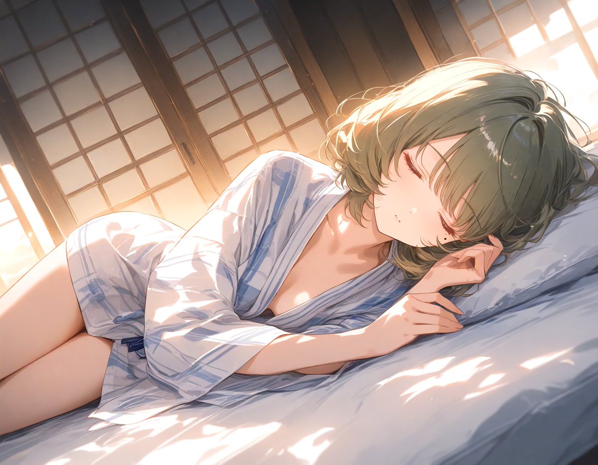 しあわせ日曜日。 起きた時そばに魅力的な女性がいて、髪やほっぺに🤚触れるのっていいよね。髪なでたら、寝てる…