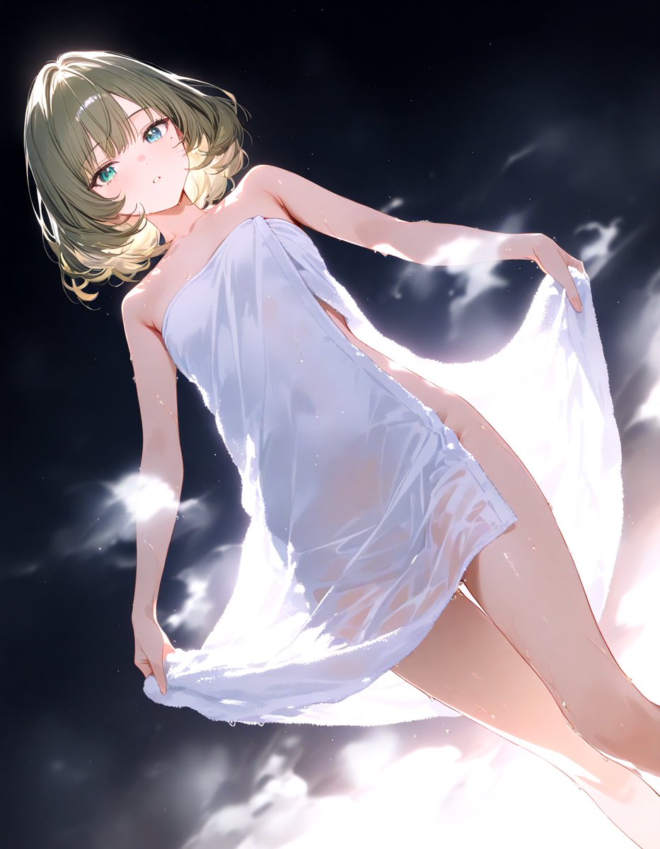 彼女が纏うと、タオルがまるでドレスのように見える